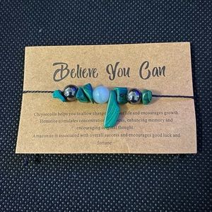 “Believe you can” dainty green stone and beads pull string bracelet.